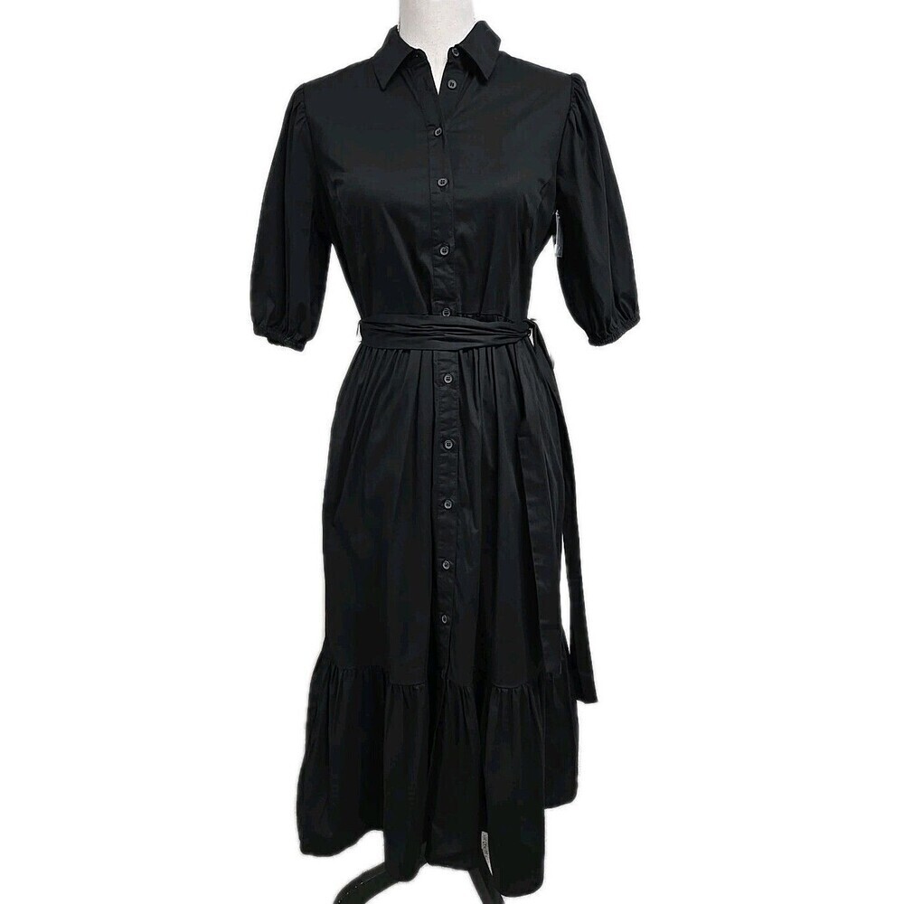 Caslon Puff Sleeves Stretch Cotton Button Front Shirtdress Black Women’s Size S